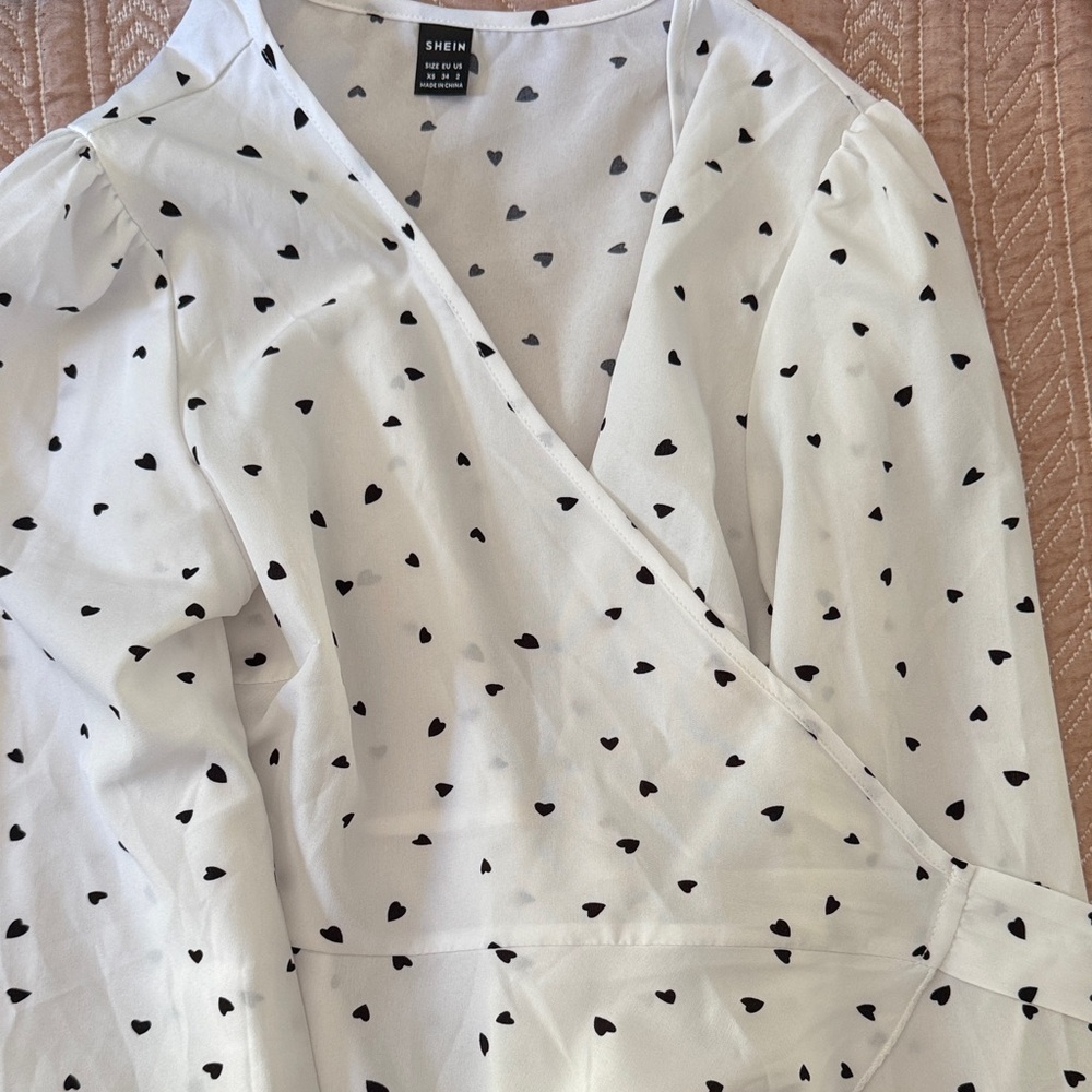 SHEIN White Blouse with Black Heart Pattern